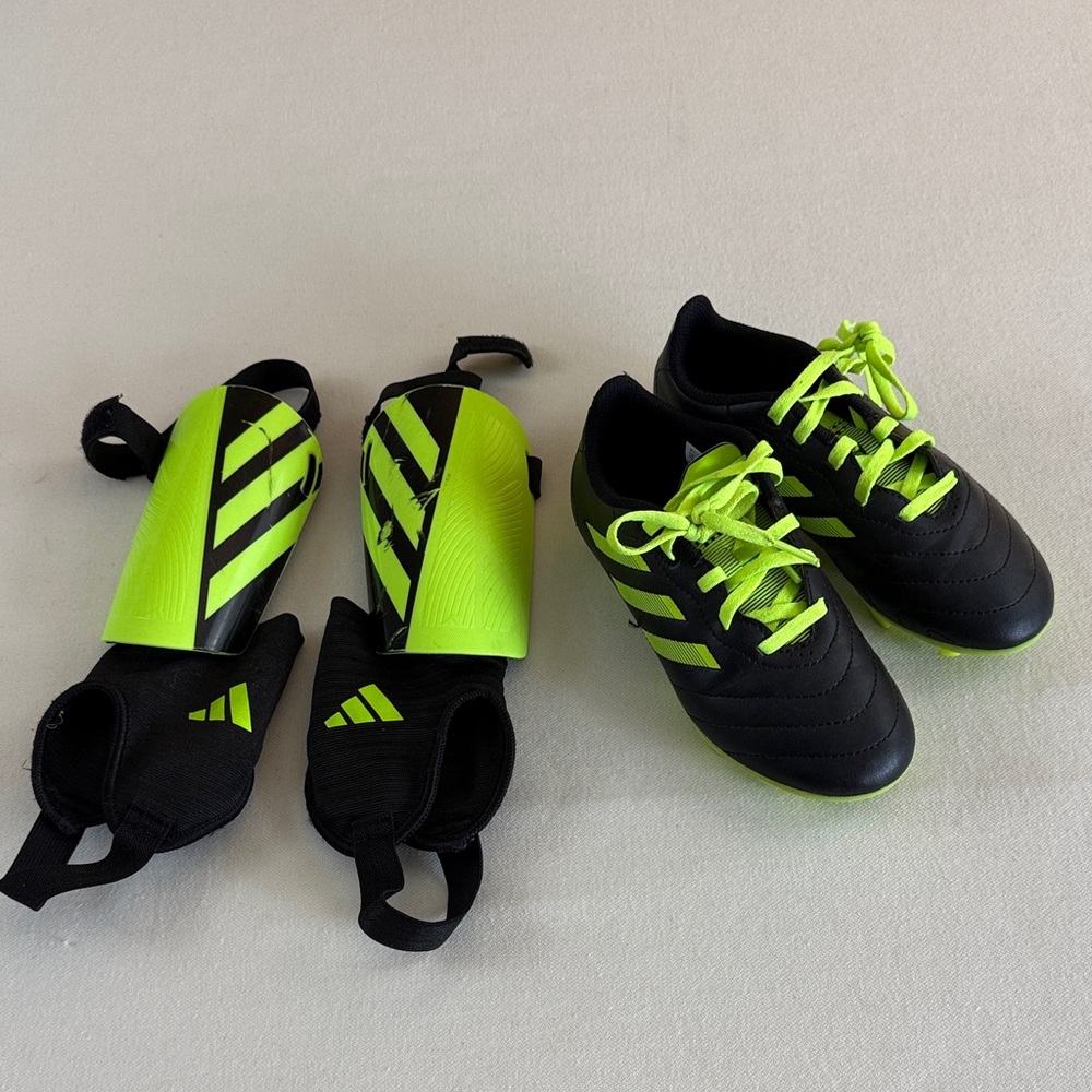 Kids Black and Neon Green Soccer Cleats with Shin Guards